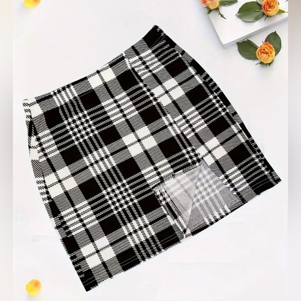New Plaid Print Split Bodycon Skirt, Casual High Waist Mini Skirt. - Picture 7 of 8